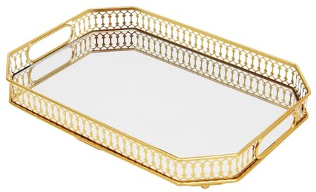 Gold Dekorative Tray, Rechteckige Desktop Tray, Deko Tablett, Tablet Deko,Tablett aus Edelstahl Serviertablett Goldfarben Schmuck und Make up Organizer, Kerzenteller Gold