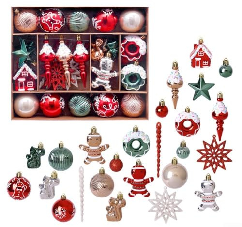45Pcs Christmas Baubles - Red and Green Small Plastic Ball Ornaments for Tree Hanging Decorations, Xmas, Wedding, Party