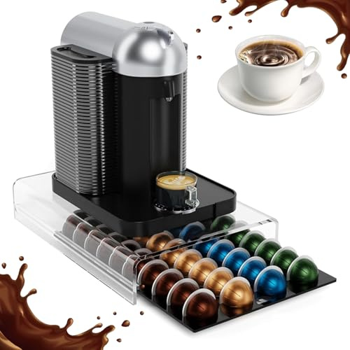 Transparent Coffee Pod Storage Drawer, Acrylic Coffee Capsules Holder for Nespresso Vertuo, Coffee Capsule Organizer for Home Kitchen Counter, 40 Pods Capacity