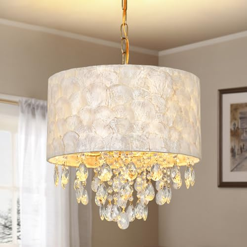 KUNYEEE Moderner Kristallleuchter, runde Pendelleuchten aus Capiz-Muscheln, 4 x E14 verstellbare Hängelampen im Küstenstil für Flur, Wohnzimmer, Esszimmer, 40 cm