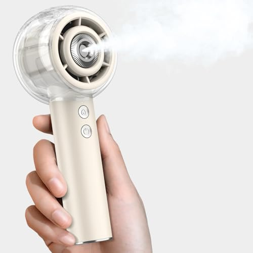 Dnenellr Ventilador Portátil con Nebulizador, USB Recargable (Beige) | ventilador de mano Niebla Fina, Motor Turbo 15000RPM, 4 Velocidades, Batería 6000mAh, para Viaje, Playa, Camping y Exterior