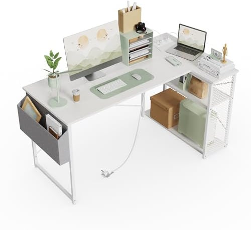 LANDCROOSSERS Eckschreibtisch, 100/120 x 70 cm, L-förmiger Computertisch mit Steckdose, Seitentaschen und Monitorständer – geeignet für Büros, Arbeitszimmer und Computerräume (Weiß, 120x70x75cm)