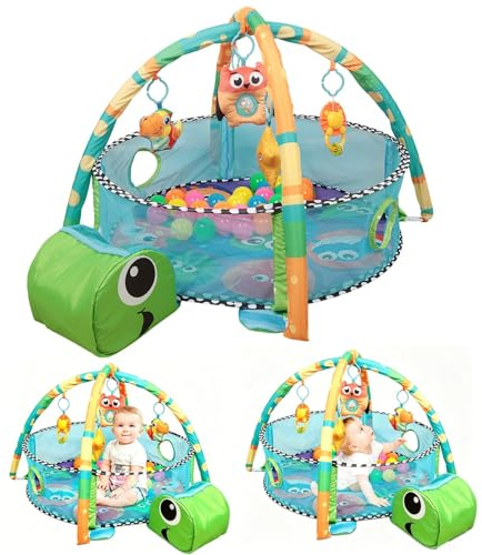 Belfoyer Spielbogen Baby mit Bällen – 3-in-1 Krabbeldecke mit Spielbogen & Sicherheitsnetz – Faltbare Baby Spielmatte im Schildkröten-Design – Inkl. 30 Bälle – 85x85 cm Grün