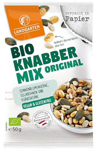 Landgarten Protein Mix – Bio-Protein-Snack mit gerösteten Sojabohnen, Sonnenblumenkernen & Kürbiskernen – gesalzen, fettfrei geröstet – 1 x 50 g