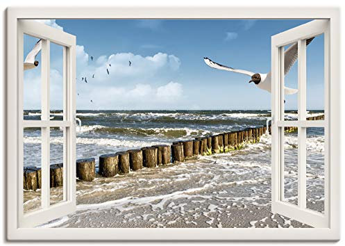 ARTLAND Wanddeko Leinwand Bilder Wandbild 100x70 cm Fensterblick Fenster Strand Meer Maritim Ostsee Möwe Himmel T5QT