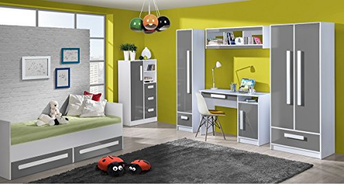 QMM TraumMoebel Jugendzimmer Kinderzimmer komplett Gerome Set C in 4 Farben Fronten Hochglanz Schrank Schreibtisch Standregal Kommode Wandregal Bett 90x200 mit Schubladen NEU