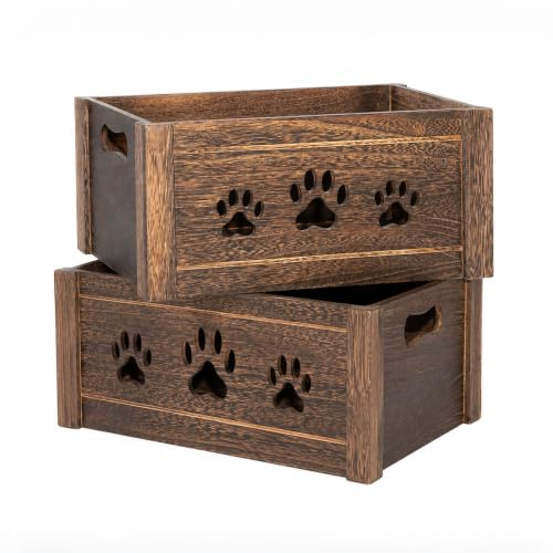 Wickerfield Set of 2 Brown Wooden Dog Toy Box Paw Cutout Crate Gift Hamper