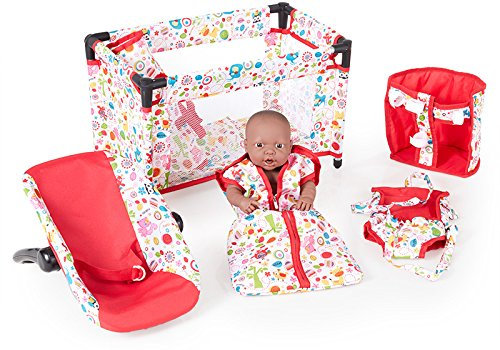 5-teiliges Puppenzubehör Set Sweet Animals mit Reisebett Fahrradsitz Tragegurt (Weiß-Rot)