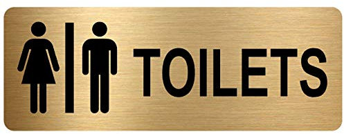 METAL Aluminum Tin TOILETS Sign Unisex Logo Brushed Gold Lavatory Restroom Door Notice Office Shop Home Warehouse School 200x75mm MR7