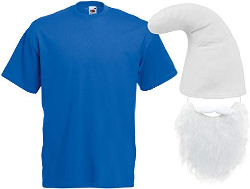 Alsino Schlumpf Kostüm Zwergen Verkleidung (Kv-141) blaues T-Shirt weiße Zwergenmütze und Bart, Größe wählen:XXL