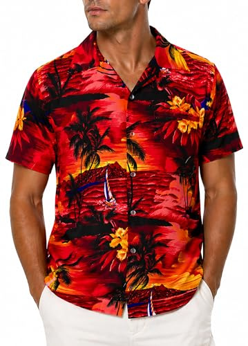 King Kameha Herren Hawaiihemd Kurzarm, Sommer Aloha Shirt mit Surfen-Print