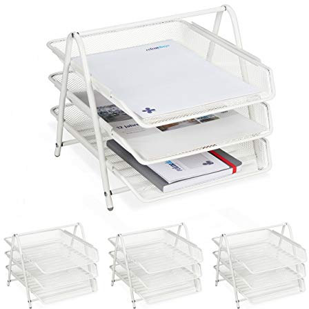 8 x Dokumentenablage Metall, 3 Fächer, Gitter Design, Büro, für A4, Briefablage, HBT: 26,5 x 29,5 x 35,5 cm, weiß