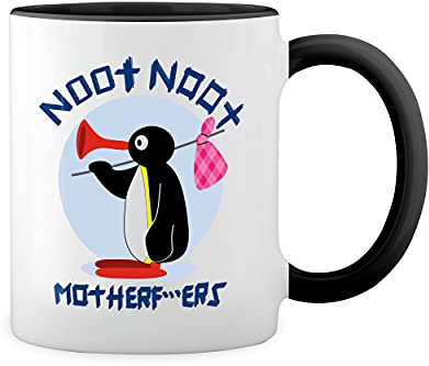 Noot Noot Penguin Mother pingu Weiße Tasse Mug mit schwarzen Felgen & Griff