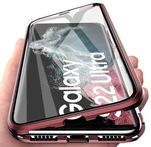 Orgsty Hülle für Samsung Galaxy S22 Ultra 5G, Magnetische Hartglas Hülle mit Vorderseite und Rückseite, Metallrahmen Case mit Eingebaut Magnet, Ultra Dünn 360 Grad Handyhülle, Burgundy