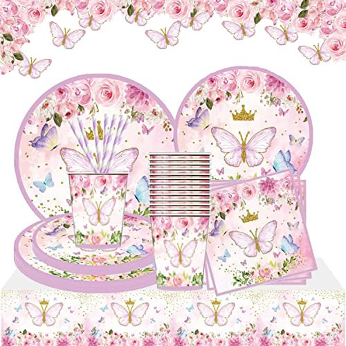 Ensemble de décoration de fête en forme de papillon - Assiettes, tasses, serviettes, nappe jetable pour mariage, fête prénatale, fête d'anniversaire de filles (16 personnes, 65 pièces)