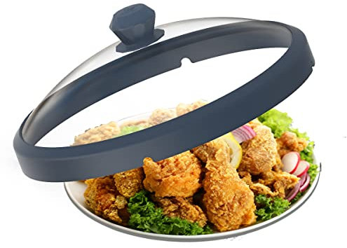 Cubierta de vidrio para microondas, tapa protectora contra salpicaduras con asas de silicona antiquemaduras y borde ventilado para tapa de platos de olla de alimentos, 10.5 pulgadas, color azul