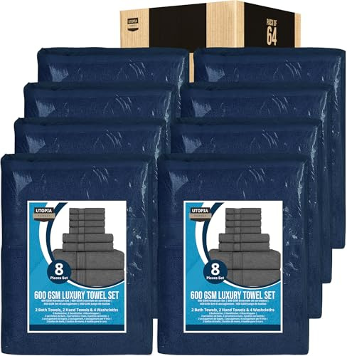Utopia Towels 64 Piece Towel Set, 100% Cotton, Navy
