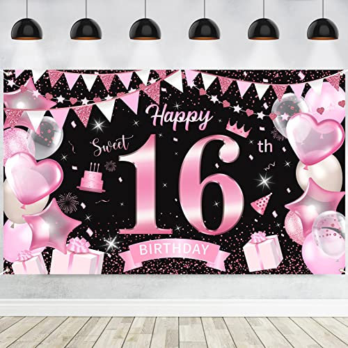 16 Geburtstag Dekoration für Mädchen, Schwarz Roségold 16 Geburtstag Banner Hintergrund, Extra Große Stoff 16 Jahr Geburtstag Deko Poster Zeichen für Rosa Geburtstag Party Wand Deko, 72,8 × 43,3 Zoll