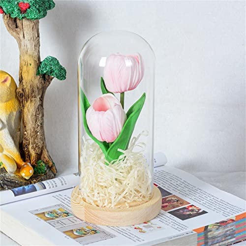 Battery Operated Lamp Cordless Tulip Table Lamp in Glass Dome, Gift for Girlfriend Mom Daughter Aunt Flower Lamp,Pink