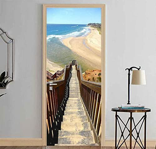 3D Échelle En Bois Plage Vue Mer Sticker Mural De Porte Autocollant De Porte Poster Papier Peint Mural Sticker Mural Photo 77 X 200 Cm Décoration De Porte Amovible En Pvc Pour Salon, Chambre, Salle D