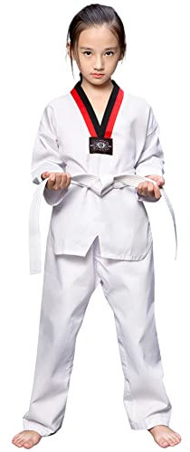 L SERVER Kimono Karate Niño Cómodo Profesional Kimono Judo Chica Cuello en V Traje de Taekwondo con Cinturón, Blanco A., 6-7 años