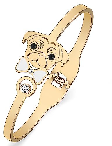 DUOWEI Cute Mops Armband Edelstahl 18K Gold Hund Armbänder Charms Geschenke für Mops Liebhaber Damen Mädchen (18K vergoldet)