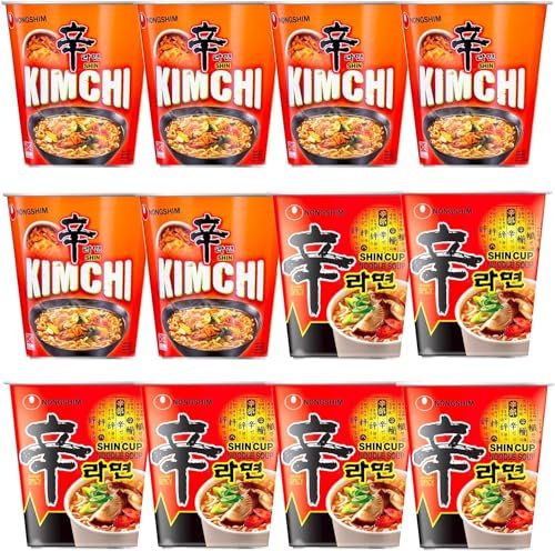 Nong Shim Shin Ramyun and Kimchi Ramyun Cup Korean Instant Spicy Ramen Noodles Halal (Pack of 12)