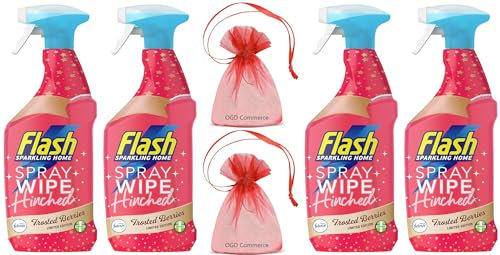 Flash Sparkling Home, Spray&Wipe&Done Antibacterial Multi-Surface Cleaner Spray, 800ml, Frosted Berries Scent, 4 pieces Pack + for You: Organza Small Bag
