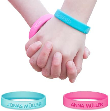 gutmarkiert – 2er Set Personalisierbare SOS-Armband für Kinder aus Silikon, graviert mit Name & Telefonnummer – wasserdichte Notfallarmband für Kinder, besonders langlebig – Farbe wählbar