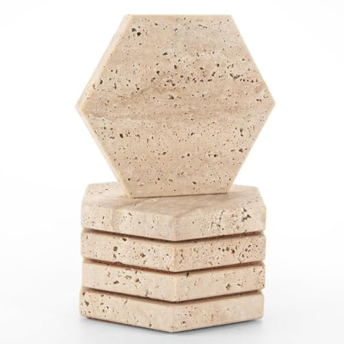 WOHER Natürlich Travertin Stein Marmor Untersetzer 5 Stück, Untersetzern mit Korkboden für Teetassen, Kaffeetassen, Weingläser, für Haus, Bar und Büro,Beige Weiß(DL009)