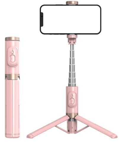 KOMI Selfie Stick Stativ - Ausziehbares Telefonstativ mit wiederaufladbarer drahtloser Fernbedienung All-in-one für Smartphones Kompatibel mit iPhone 15 14 pro max, Samsung, Android, iOS (Rosa)