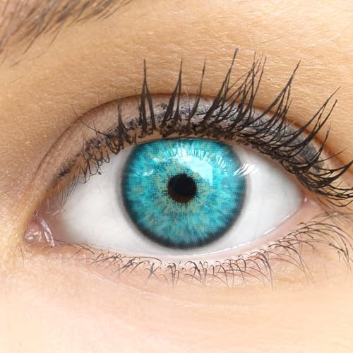 Kontaktlinsen farbig 'Ibiza Blue' ohne Stärke farbige blaue Monatslinsen weiche Linsen soft Hydrogel 2 Stück Farblinsen + Linsenbehälter 0.0 Dioptrien natürliche Farben Serie
