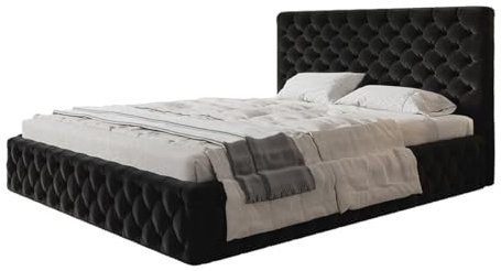 AlpiMeble Polsterbett Miami Slim mit Kopfteil, 160 x 200 cm, Doppelbett mit Bettkasten und Lattenrost aus Holz, Farbe: Schwarz, Velourestoff