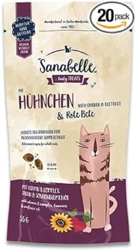 Sanabelle Knusperkissen mit Huhn und Rote Beete, Ergänzungsfuttermittel für ausgewachsene Katzen, 20 x 55 g