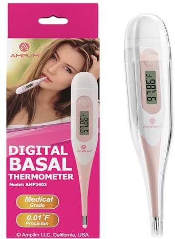 Amplim Digital Basal Thermometer, Medical Grade Accurate BBT for Ovulation Tracking, 1/100th Degree High Precision Fertility Prediction, 60-Sec Read, Memory Recall, Flexible Waterproof Tip, Pink