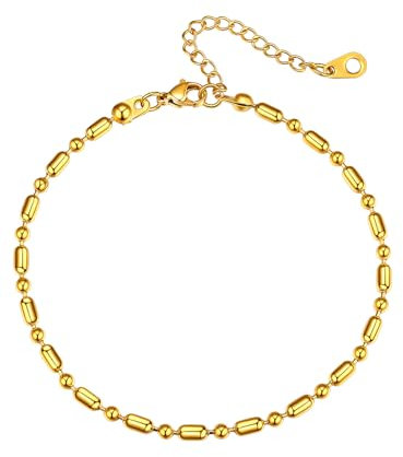 Richsteel Bracelet de cheville en acier inoxydable pour femme 3 mm de large Chaîne de perles longues et courtes 22 cm + 5 cm de chaîne d'extension Doré