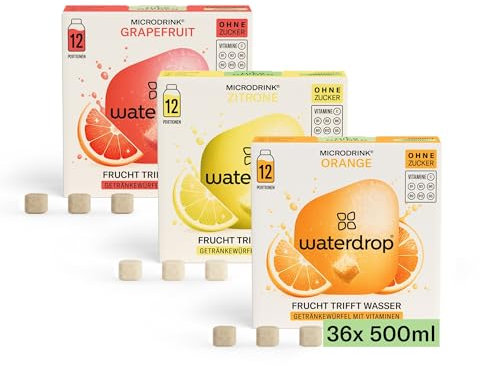 waterdrop® Coffret Microdrink, Orange, Citron et Pamplemousse, 36 boisson en cube effervescente sans sucre pour aromatiser l'eau, Extraits de fruits et de plantes, Eau Aromatisée infusion à froid