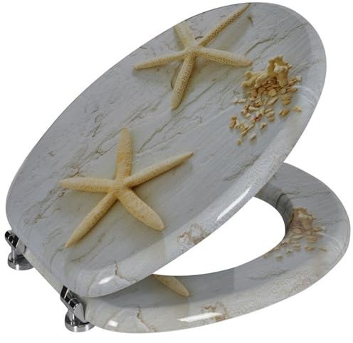 18 MDF Toilet Seat Universal Adjustable Fit Most Toilets Oval Seat┃Bathroom Standard Wooden MDF Toilet Seat | WC SEAT +Fittings┃Quick Release Toilet Seat (Starfish Pebbles Novelty)