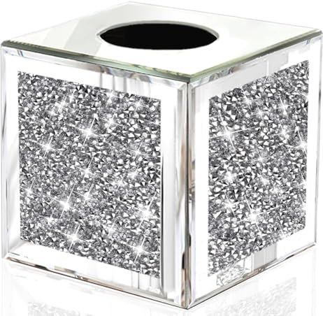 Scatola porta fazzoletti a forma di cubo in vetro schiacciato, 15 cm, a specchio, argento cristallo, multicolore, per bagno, toeletta