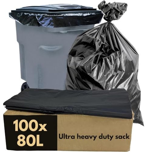 Clearly 100 Packs Rubble Sacks Heavy Duty, 67 Micron Strong Black Bin Bags for Wheelie Bins, 80L Bin Liners Bin Bags for Compost, Rubbish and More, Large Recyclable Rubbish Bags