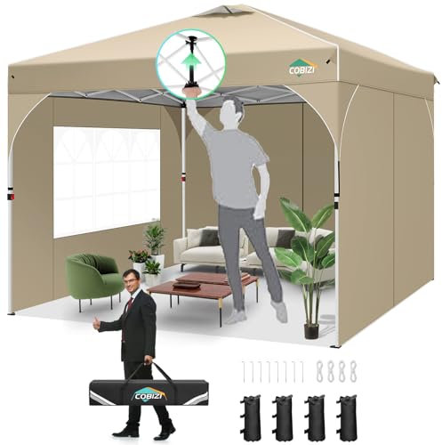 COBIZI Faltpavillon 3x3 Wasserdicht Stabil,EIN-Tasten-Zentralverriegelung,Partyzelt mit Entlüftung,Fluoreszierenden Streifen,3 Seitenteilen,4 Sandsack, Höhenverstellbar,Gartenzelt für Party,Khaki