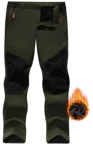 CMTOP Men's Waterproof Trouser Winter Fleece Lined Outdoor Trousers with Zipper Pockets Softshell Kneepad Work Pants Warm Ski Pants for Hiking Climbing Army Green