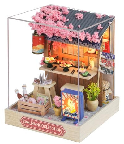 ieron Miniatur-Puppenhaus-Bausatz zum Selbermachen, handgefertigtes Mini-Hausmodell, Bastelset mit Staubschutzhülle, Bausatz aus Holz, Kleiner Bausatz als Geburtstagsgeschenk, Sakura Noodle Shop