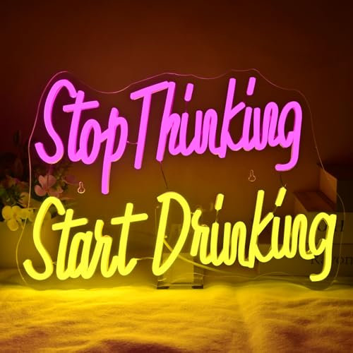 SIGNSHIP Thinking and Start Drinking Neon Light Sign,Neon Sign for Wall Decoration Led Signs for Home Bar Cart Summer Beach Restaurant Bee Cafe Tavern Club Party Decoration Light Signs