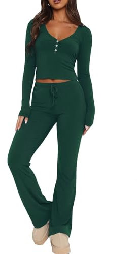 LACOZY Summer Lounge Sets V Neck Fall Outfits Women's Long Sleeve Button Down Shirt Crop Sexy Knit Pajama 2 Piece Jogger Set Pjs Pants Fashion Clothes Green S