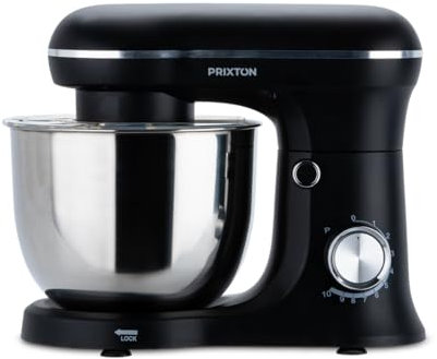 PRIXTON Batidora Amasadora KR250 para Repostería, Potencia 1500W, 10 Velocidades, Bol Acero Inoxidable de 5 litros, 3 accesorios, Tapa Transparente, Color Negro Mate
