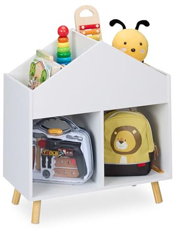 Relaxdays Scaffale Portagiochi Bambini, Libreria Casetta a 6 Scomparti Porta Libri e Giocattoli, HLP 67x60x30 cm, Bianco, Fibra, Legno
