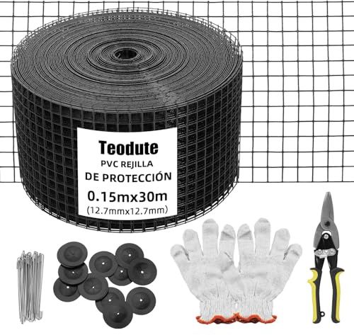 Teodute Solpanel skyddsgallerrulle 15 cm x 30 m, fågelskydd set 70 rostfritt stål buntband rostfri PVC-beläggning 12,7 mm trådnät
