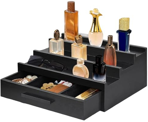 Generisch Perfume Rack Organizer, Fragrance Display Stand, 12.48x8.54in Three-Layer Wooden Holder, Elegant Black Finish, Built-In Storage Drawer for Watches Perfume Room Dresser Vanity Use