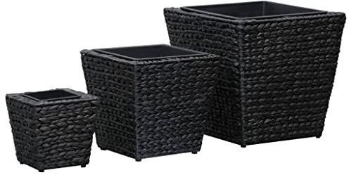 Qnhdfrt Set of 3 Black Water Hyacinth Raised Planters | Features three different sizes with removable plastic liners for easy indoor plant potting and maintenance.